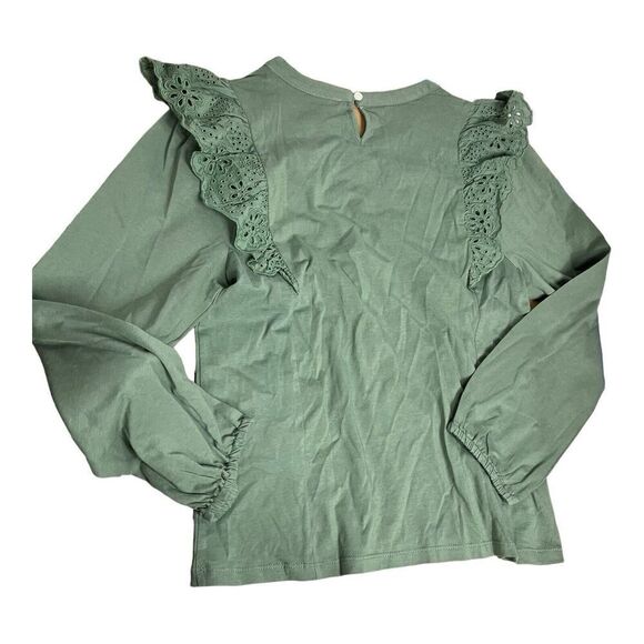 J Crew Top Women’s M Green Long-sleeve Eyelet Ruffle Cotton BN638 Modest Dainty - Picture 12 of 13